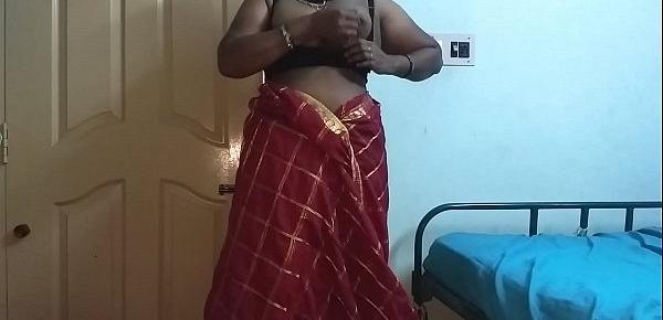  desi  indian tamil telugu kannada malayalam hindi horny cheating wife vanitha wearing cherry red colour saree showing big boobs and shaved pussy press hard boobs press nip rubbing pussy masturbation